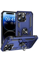 iPhone 15 Pro ile Uyumlu Kılıf Z-vega Shockproof Standlı Yüzük Tutuculu Mega Case Kapak Mavi - 1