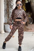Kız Çocuk Kapüşonlu Leopar Desenli Sweatshirt ve Croplu Kahverengi Eşofman Takım thumbnail 4