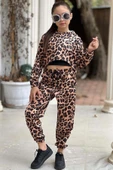 Kız Çocuk Kapüşonlu Leopar Desenli Sweatshirt ve Croplu Kahverengi Eşofman Takım thumbnail 1