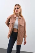 Kadın Oversize Jean Gömlek Bej - 1
