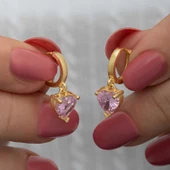 VGD Gümüş Gold Pembe Taşlı Kalpli Kadın Küpe - 1