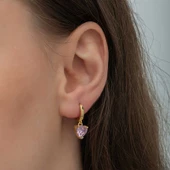 VGD Gümüş Gold Pembe Taşlı Kalpli Kadın Küpe - 3