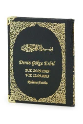 Siyah 50 Adet İsim Baskılı Deri Ciltli Çanta Boy Yasin Kitabı Seccade Seti Mevlit Hediyesi thumbnail 5