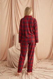 Ekose Süet Düğmeli Uzun Kol Pijama Takımı - 3