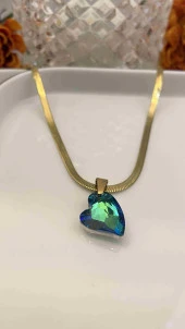 Aksesuar Çarşısı 316L Çelik İtalyan Zincir Yeşil Taş Kalp Kolye Gold thumbnail 1
