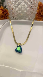 Aksesuar Çarşısı 316L Çelik İtalyan Zincir Yeşil Taş Kalp Kolye Gold thumbnail 2