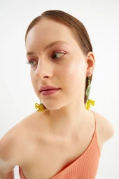 Limited Edition Kristal Boncuklu 100 El Yapımı Ayçiçek Salkım Küpe Pdmy41 - 1