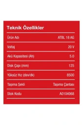 Attlas Pro Atbl 18 AG-502C Akülü Taşlama Kömürsüz 20V 5 Amper - 2