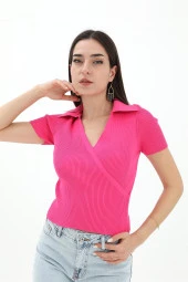 Kruvaze Polo Yaka Triko Kazak - Fuşya - 1