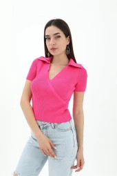 Kruvaze Polo Yaka Triko Kazak - Fuşya - 2