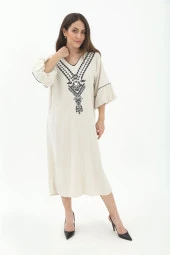 Balon Kol Nakışlı Kimono - Taş - 2