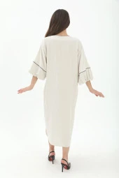 Balon Kol Nakışlı Kimono - Taş - 5
