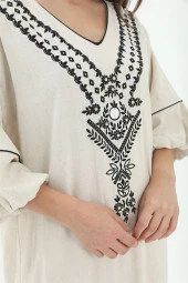 Balon Kol Nakışlı Kimono - Taş - 6