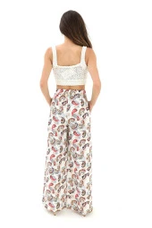 Bol Paça Renkli Baskı Keten Pantolon - Mint Yeşili - 4