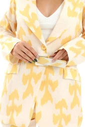 Kemerli Desenli Oversize Blazer Ceket - Sarı - 1