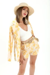 Kemerli Desenli Oversize Blazer Ceket - Sarı - 4