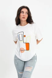 T-shirt Geometrik Desen - Ekru - 3