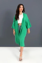 Kimono Arkası Baskılı Püsküllü Keten - Yeşil - 1