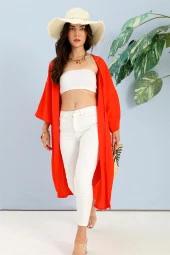 Kimono Arkası Baskılı Püsküllü Keten - Turuncu - 1