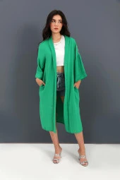 Kimono Arkası Baskılı Püsküllü Keten - Yeşil - 2
