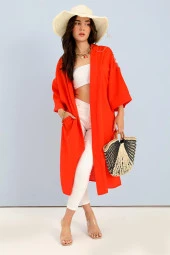 Kimono Arkası Baskılı Püsküllü Keten - Turuncu - 2