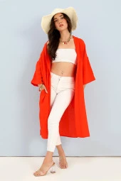 Kimono Arkası Baskılı Püsküllü Keten - Turuncu - 4