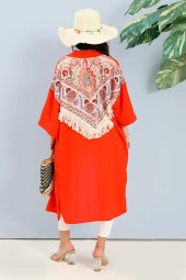 Kimono Arkası Baskılı Püsküllü Keten - Turuncu - 5