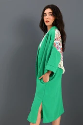 Kimono Arkası Baskılı Püsküllü Keten - Yeşil - 3