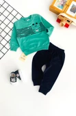 Neşeli Bebekler Kedi Baskılı Cepli Penye Takım Yeşil Siyah thumbnail 1