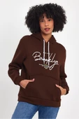 Kadın Kapşonlu Rahat Kalıp İçi Polarlı 3 iplik El Yazılı Brooklyn Baskılı SweatShırt spr24swk16 - 5