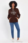 Kadın Kapşonlu Rahat Kalıp İçi Polarlı 3 iplik El Yazılı Brooklyn Baskılı SweatShırt spr24swk16 - 1