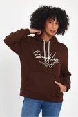 Kadın Kapşonlu Rahat Kalıp İçi Polarlı 3 iplik El Yazılı Brooklyn Baskılı SweatShırt spr24swk16 - 4