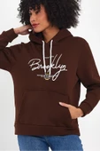 Kadın Kapşonlu Rahat Kalıp İçi Polarlı 3 iplik El Yazılı Brooklyn Baskılı SweatShırt spr24swk16 - 6