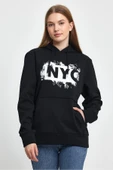Kadın Kapşonlu Rahat Kalıp İçi Polarlı 3 iplik NYC Baskılı SweatShırt spr24swK09 - 2