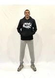 Erkek Kapşonlu Rahat Kalıp İçi Polarlı 3 iplik NYC Baskılı SweatShırt spr24sw09 - 1