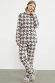 Sıfır Yaka Desenli Polar Pijama Takım - Ekru - 4