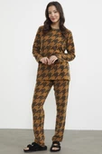 Sıfır Yaka Desenli Polar Pijama Takım - Kamel - 3