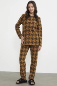 Sıfır Yaka Desenli Polar Pijama Takım - Kamel - 2