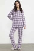 Sıfır Yaka Desenli Polar Pijama Takım - Lila - 3