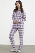 Sıfır Yaka Desenli Polar Pijama Takım - Lila - 4