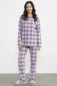 Sıfır Yaka Desenli Polar Pijama Takım - Lila - 1
