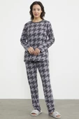 Sıfır Yaka Desenli Polar Pijama Takım - Antrasit - 2