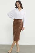 Diz Boy Suni Deri Etek - Kahve thumbnail 4