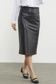Diz Boy Suni Deri Etek - Siyah thumbnail 3
