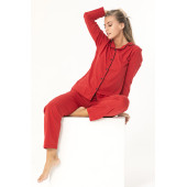 Sude Homewear KIRMIZI RENK DÜĞMELİ UZUN KOL GENÇ PİJAMA TAKIMI - 1