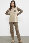 Leopar Düğmeli Yaka Pijama Takım - Bej thumbnail 4