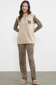 Leopar Düğmeli Yaka Pijama Takım - Bej thumbnail 2