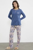 Düz Desenli Kombinli Pijama Takım - Indigo thumbnail 3
