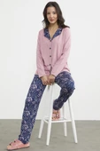 Açık Yaka Düğmeli Pijama Takım - Pembe - 1