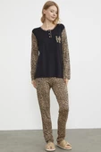 Leopar Düğmeli Yaka Pijama Takım - Siyah - 2